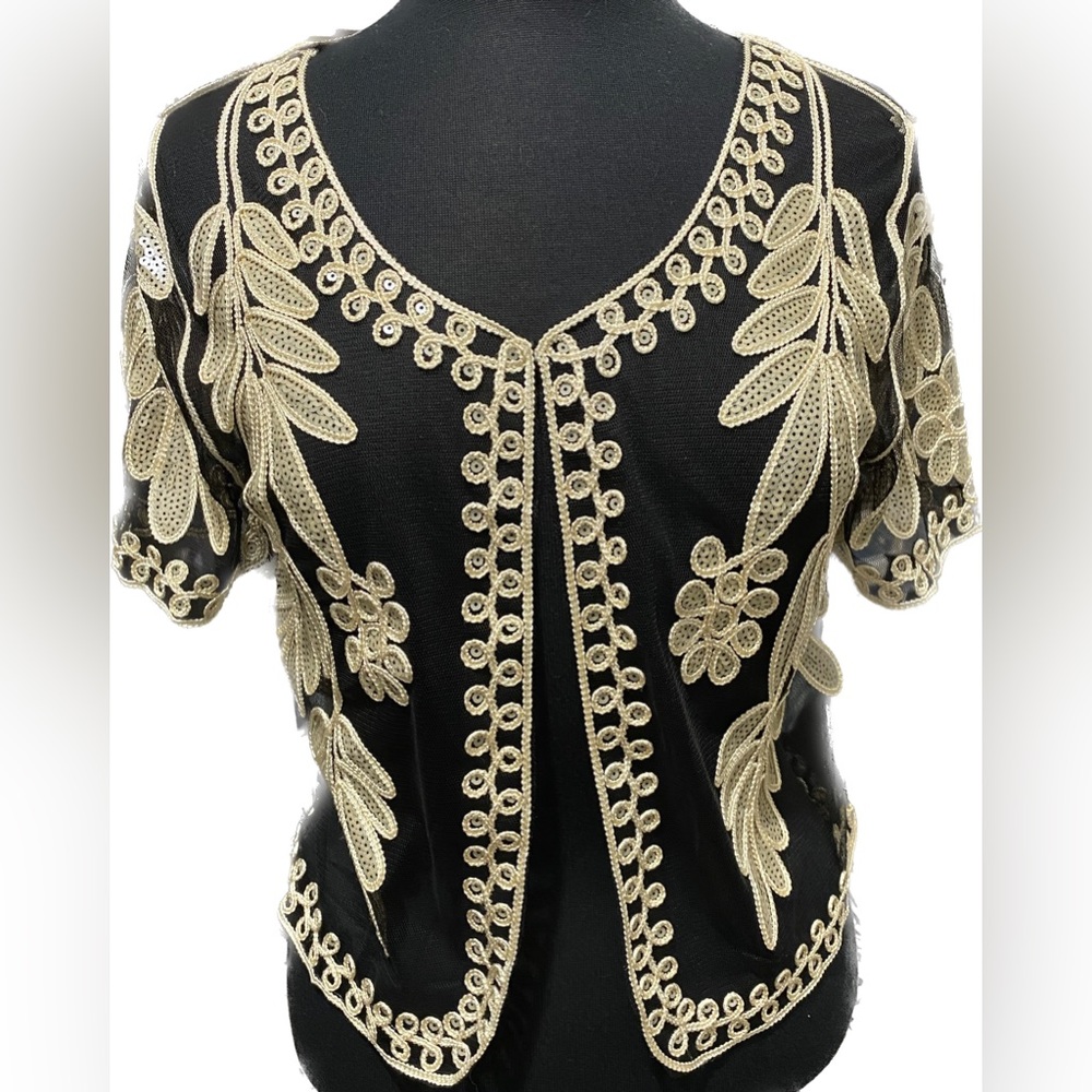 Simply Couture Elbow Sleeve Sheer Crochet Accent Soutache Sequin Tunic